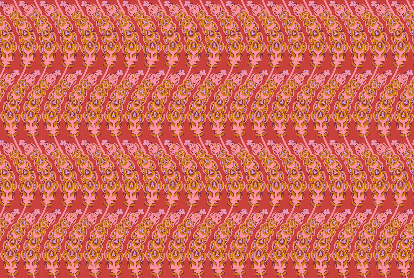 A closeup shot of the quilting fabric pattern called Bells of Ireland, designed by Anna Maria Horner, in the coral colorway. The SKU is AMT133-38V.