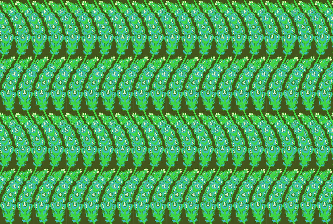 A closeup shot of the quilting fabric pattern called Bells of Ireland, designed by Anna Maria Horner, in the moss colorway. The SKU is AMT133-78L.
