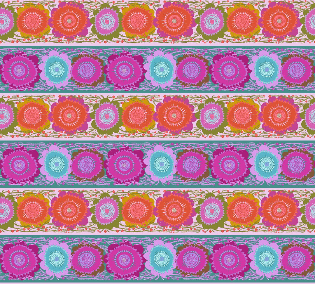 A closeup shot of the quilting fabric pattern called Line Dance, designed by Anna Maria Parry, in the bouquet colorway. The SKU is AMT135-82V.