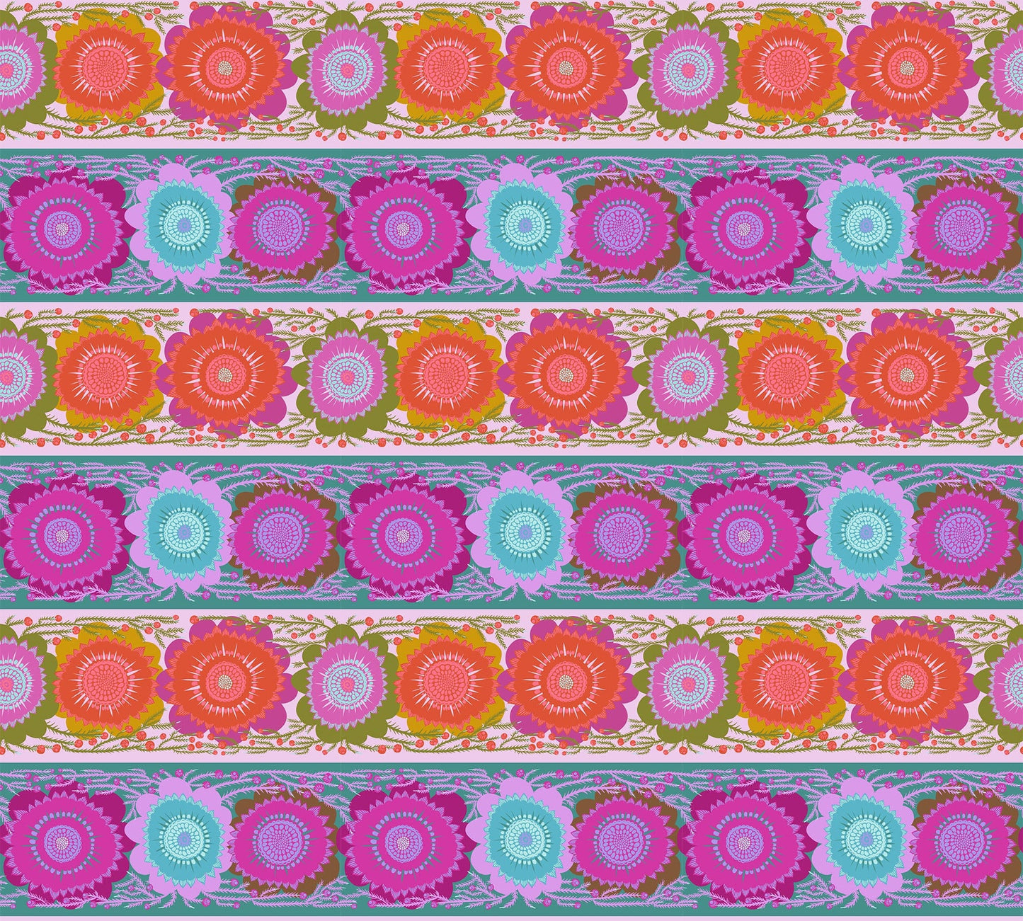 A closeup shot of the quilting fabric pattern called Line Dance, designed by Anna Maria Parry, in the bouquet colorway. The SKU is AMT135-82V.