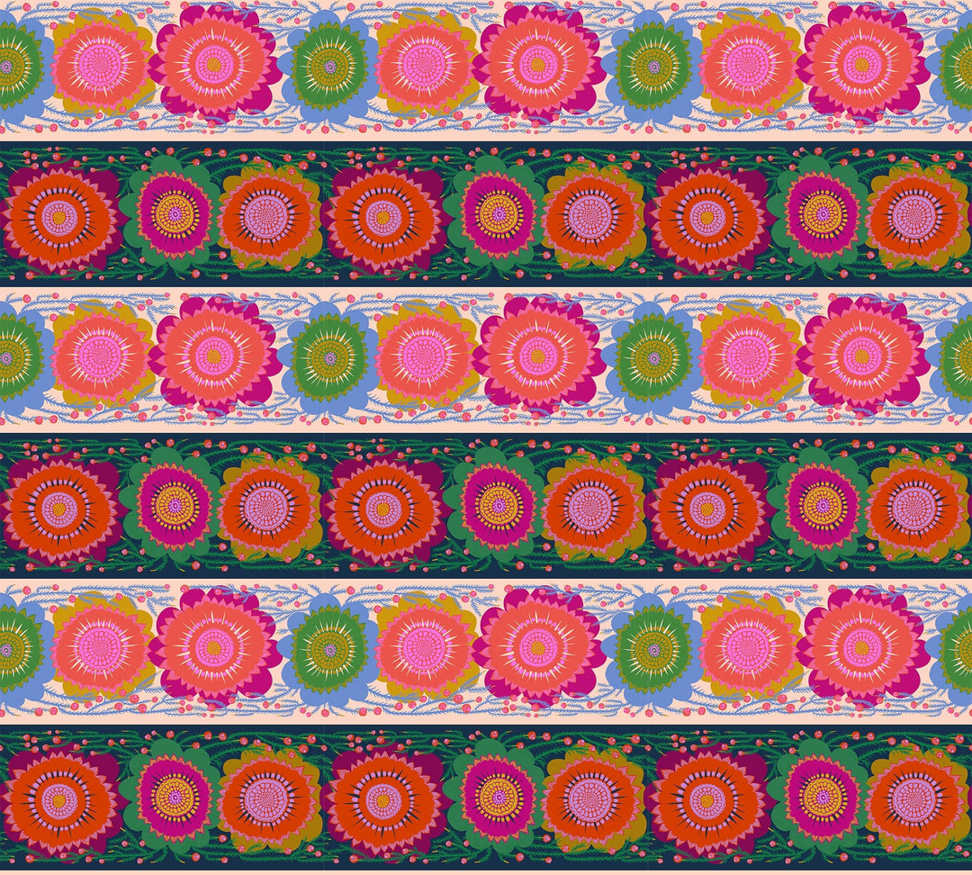 A closeup shot of the quilting fabric pattern called Line Dance, designed by Anna Maria Parry, in the spunky colorway. The SKU is AMT135-86C.
