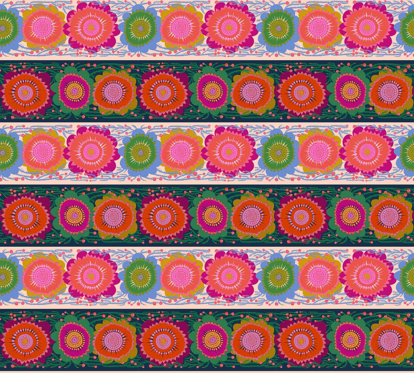 A closeup shot of the quilting fabric pattern called Line Dance, designed by Anna Maria Parry, in the spunky colorway. The SKU is AMT135-86C.