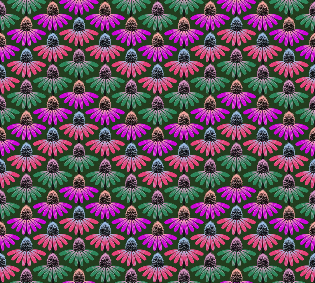 A closeup shot of the quilting fabric pattern called Echinacea Rhythm, designed by Anna Maria Parry, in the forest colorway. The SKU is AMT136-78L.