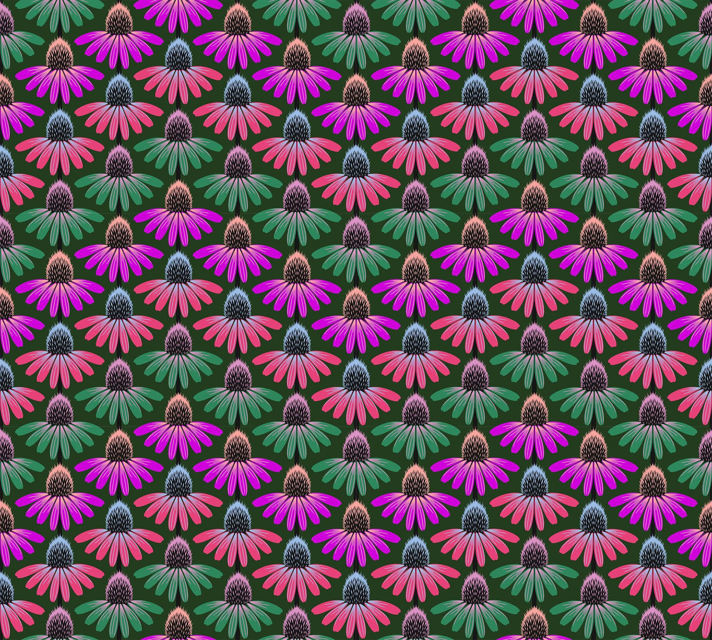 A closeup shot of the quilting fabric pattern called Echinacea Rhythm, designed by Anna Maria Parry, in the forest colorway. The SKU is AMT136-78L.