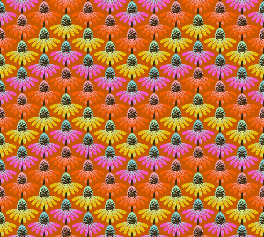 A closeup shot of the quilting fabric pattern called Echinacea Rhythm, designed by Anna Maria Parry, in the fire colorway. The SKU is AMT136-79V.