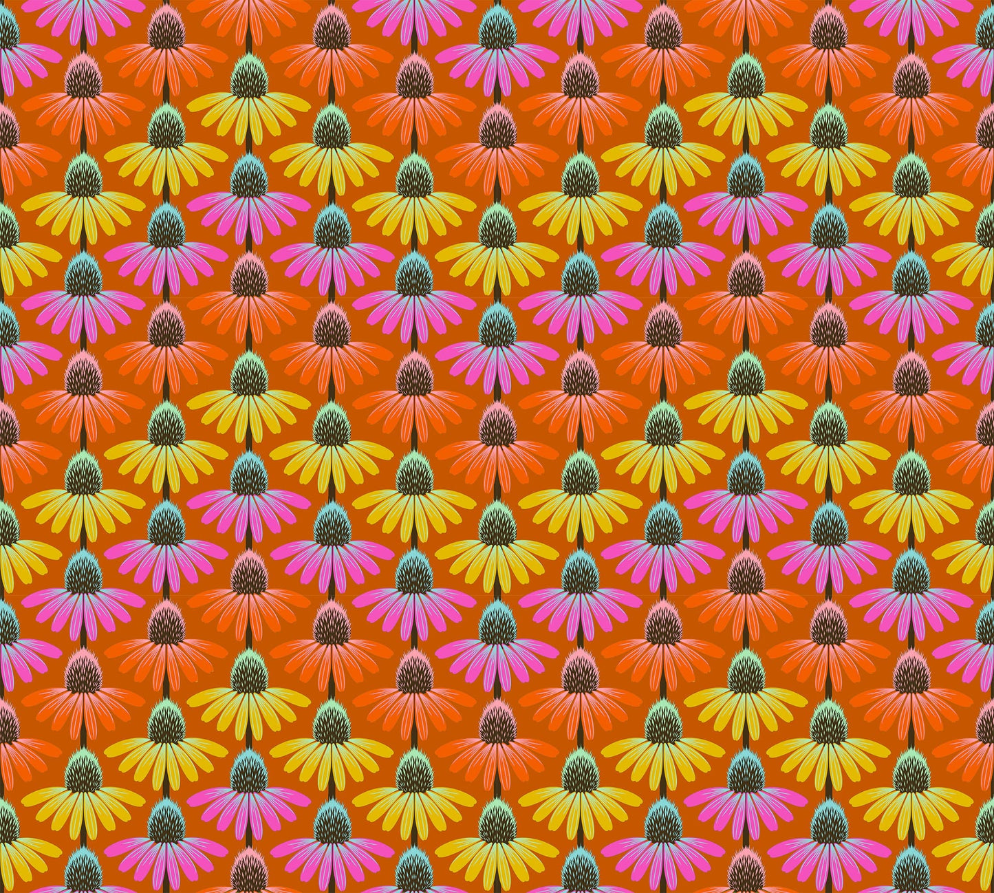 A closeup shot of the quilting fabric pattern called Echinacea Rhythm, designed by Anna Maria Parry, in the fire colorway. The SKU is AMT136-79V.