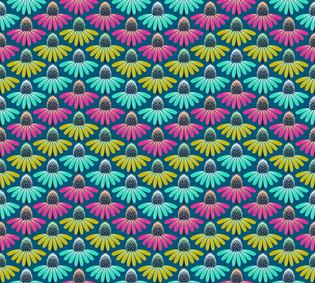 A closeup shot of the quilting fabric pattern called Echinacea Rhythm, designed by Anna Maria Parry, in the parade colorway. The SKU is AMT136-86C.