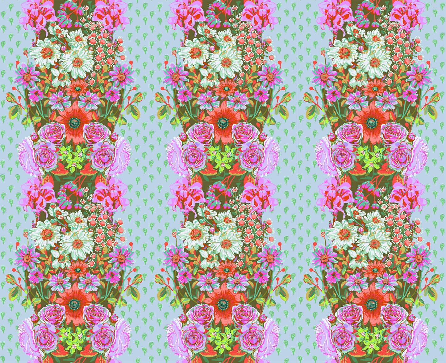 A closeup shot of the quilting fabric pattern called Beata's Garden, designed by Anna Maria Parry, in the seafoam colorway. The SKU is AMT137-78V.