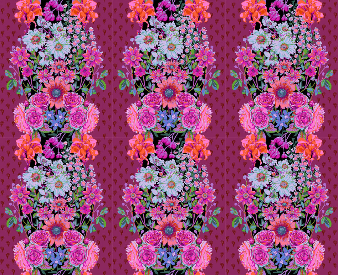 A closeup shot of the quilting fabric pattern called Beata's Garden, designed by Anna Maria Parry, in the plum colorway. The SKU is AMT137-84L.