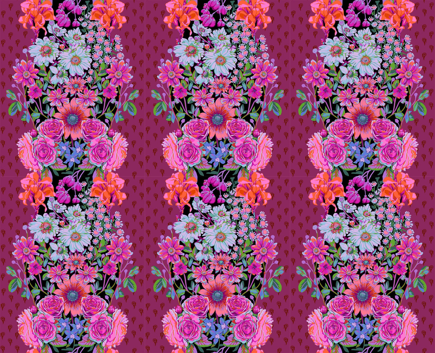 A closeup shot of the quilting fabric pattern called Beata's Garden, designed by Anna Maria Parry, in the plum colorway. The SKU is AMT137-84L.