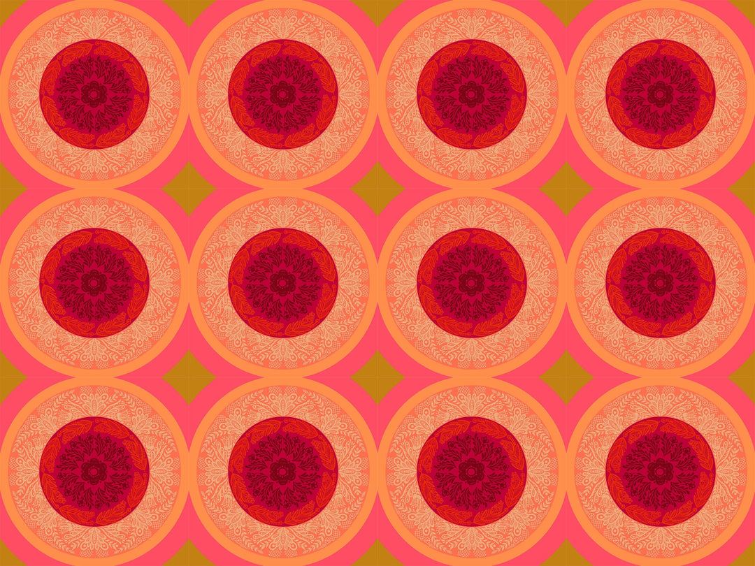 A closeup shot of the quilting fabric pattern called Doily, designed by Anna Maria Parry, in the taffy colorway. The SKU is AMT138-38C.
