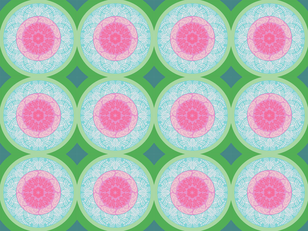 A closeup shot of the quilting fabric pattern called Doily, designed by Anna Maria Parry, in the powder colorway. The SKU is AMT138-78V.