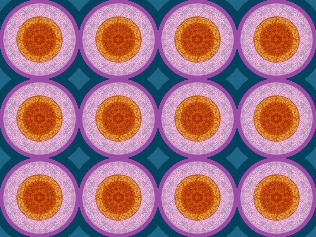 A closeup shot of the quilting fabric pattern called Doily, designed by Anna Maria Parry, in the amber colorway. The SKU is AMT138-82L.
