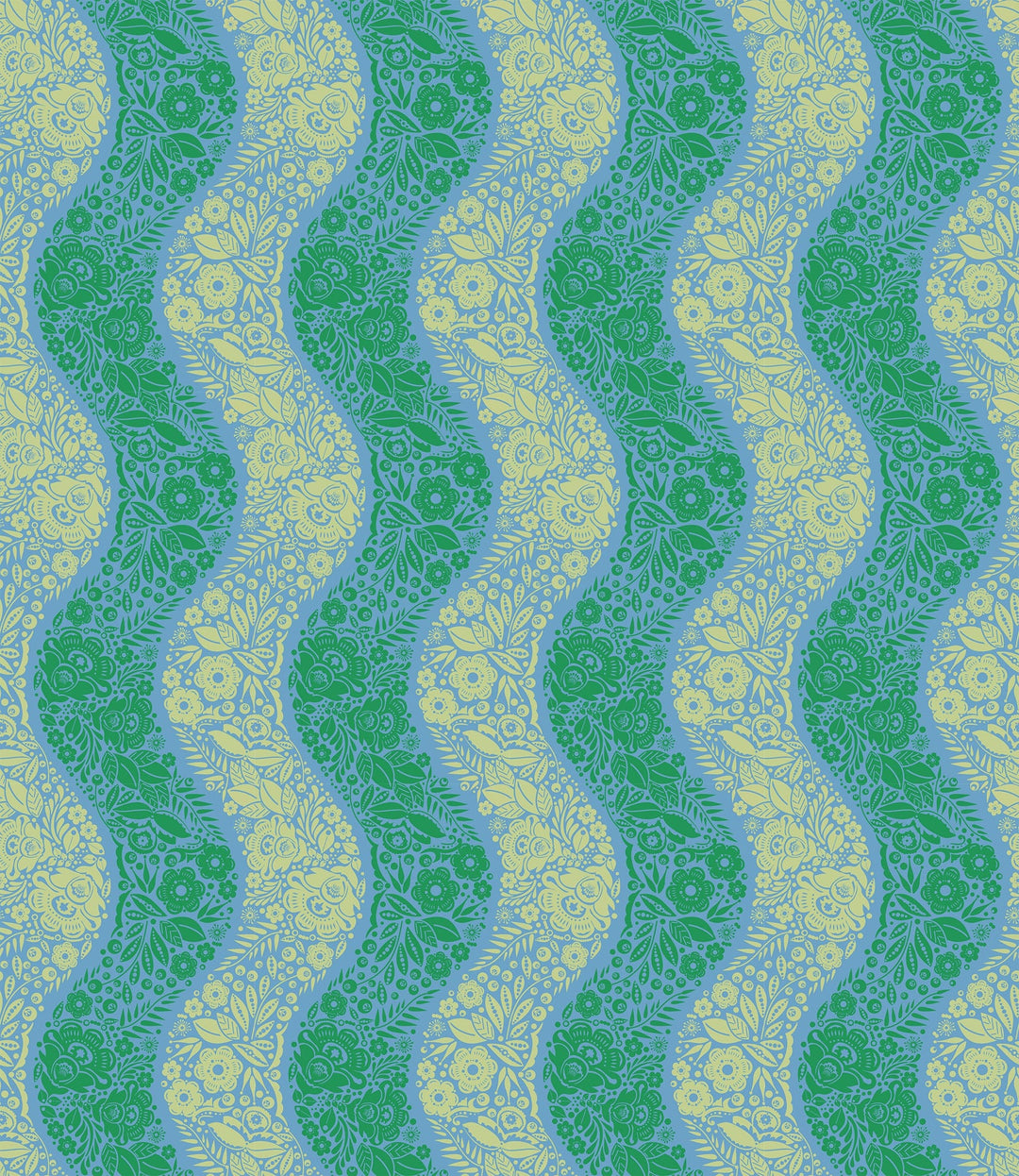 A closeup shot of the quilting fabric pattern called Village Path, designed by Anna Maria Horner, in the sea colorway. The SKU is AMT139-64C.