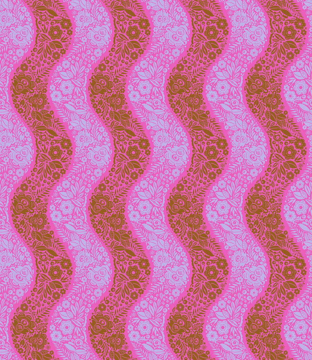 A closeup shot of the quilting fabric pattern called Village Path, designed by Anna Maria Parry, in the raspberry colorway. The SKU is AMT139-84V.