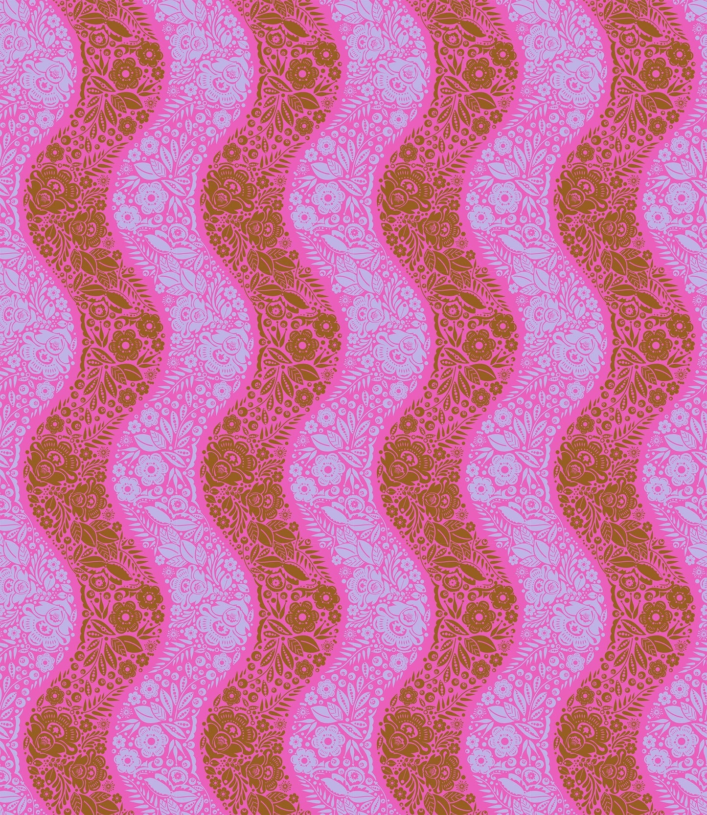 A closeup shot of the quilting fabric pattern called Village Path, designed by Anna Maria Parry, in the raspberry colorway. The SKU is AMT139-84V.