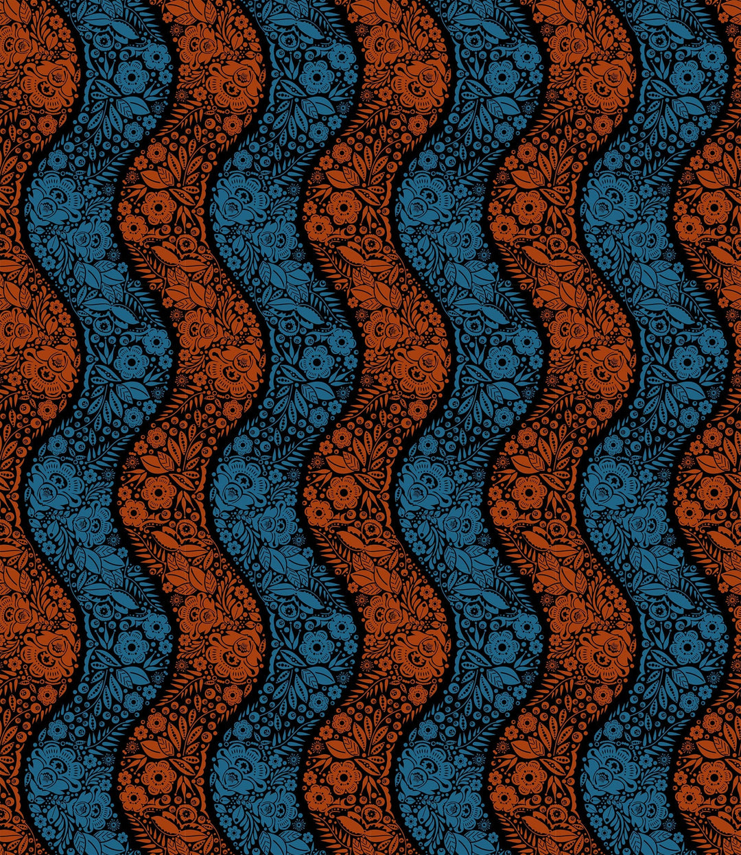 A closeup shot of the quilting fabric pattern called Village Path, designed by Anna Maria Parry, in the night colorway. The SKU is AMT139-99L.