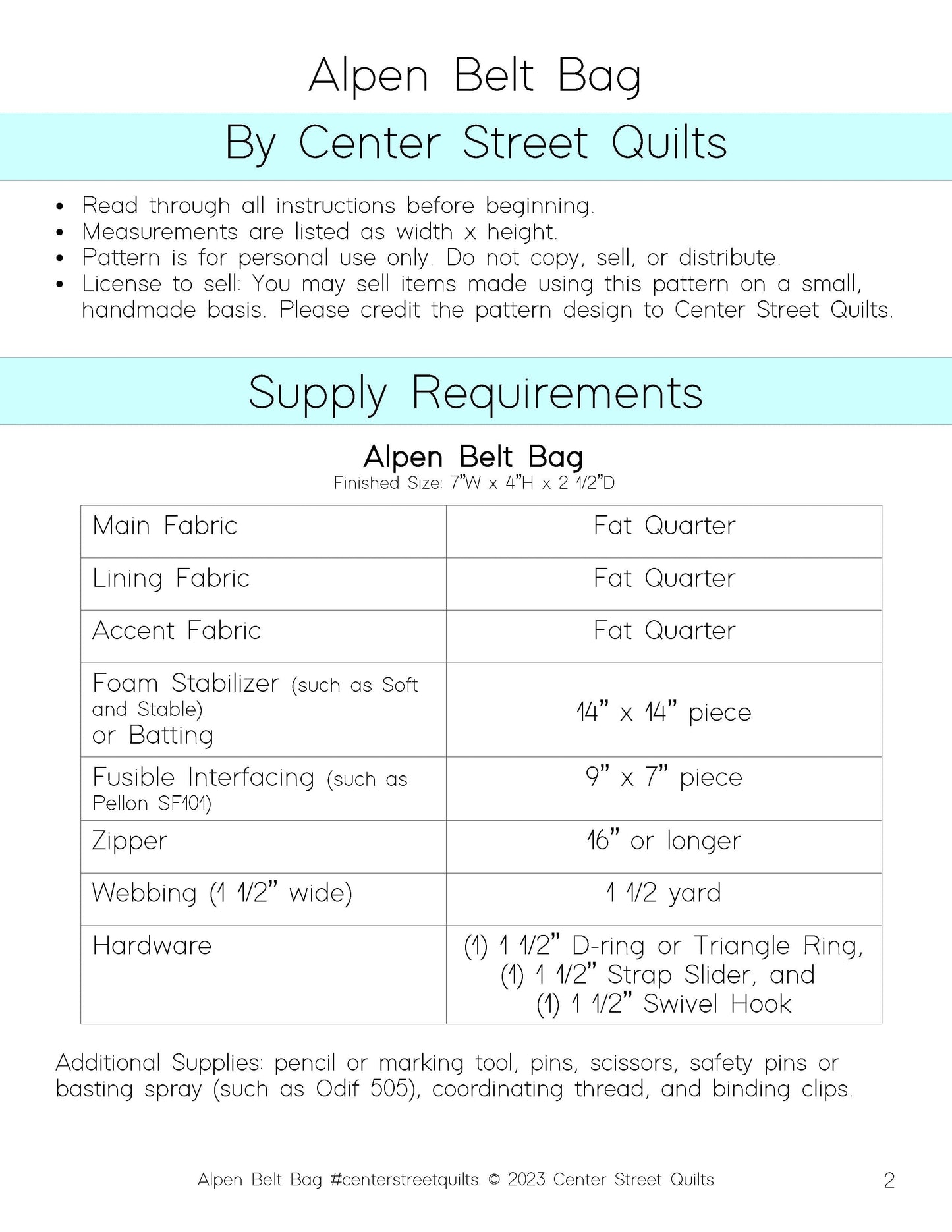 Center Street Quilts - Alpen Belt Bag Pattern - CEN103