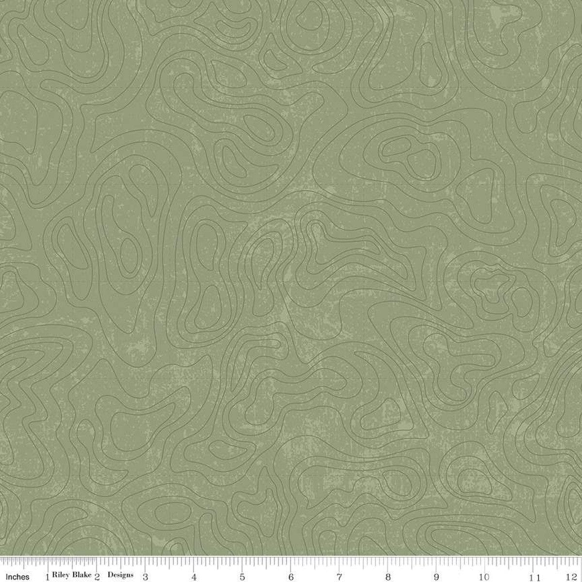 Cotton quilting fabric pattern called 'Topographic in Green'. Part of the 'National Parks' fabric collection. Designed by Anderson Design Group for fabric company Riley Blake. SKU: C13293-GREEN. 44-45 inch width.