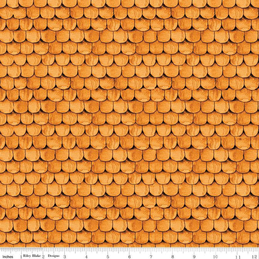 Cotton quilting fabric pattern called 'Raise the Rooftop Orange'. Part of the 'Pumpkin Patch' fabric collection. Designed by Janet Wecker-Frisch for fabric company Riley Blake Designs. SKU: C14577R-ORANGE. 44-45 inch width.