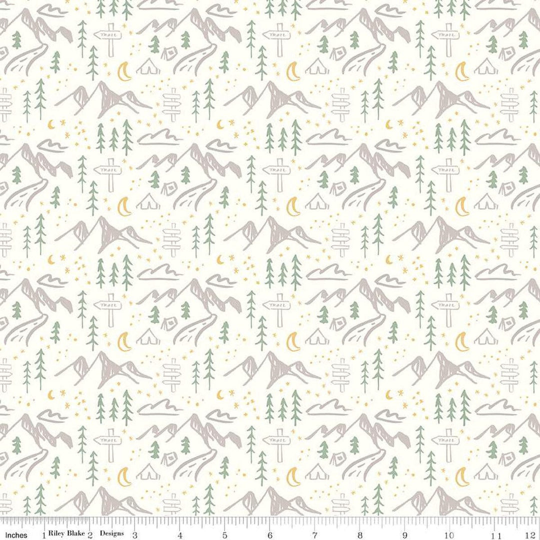 Cotton quilting fabric pattern called 'Mountains in Cream'. Part of the 'Albion' fabric collection. Designed by Amy Smart for fabric company Riley Blake. SKU: C14592-CREAM. 44-45 inch width.