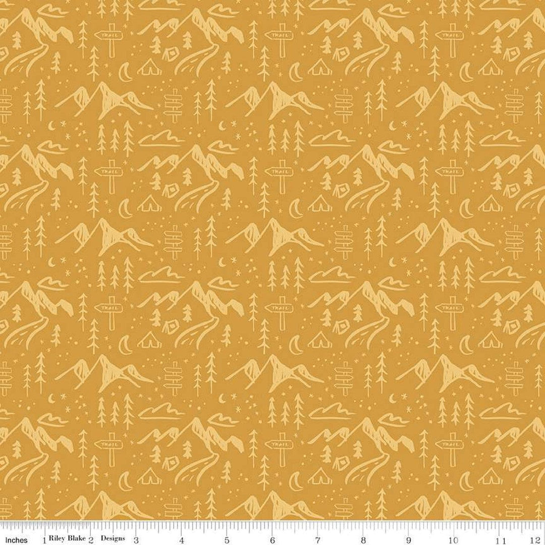 Cotton quilting fabric pattern called 'Mountains in Gold'. Part of the 'Albion' fabric collection. Designed by Amy Smart for fabric company Riley Blake. SKU: C14592-GOLD. 44-45 inch width.