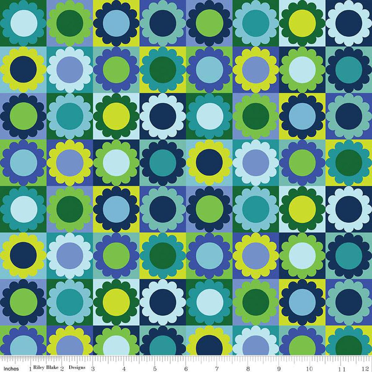 Cotton quilting fabric pattern called 'Flower Pie in Blueberry'. Part of the 'Albion' fabric collection. Designed by Julia Frazier for fabric company Riley Blake. SKU: C14681-BLUEBERRY. 44-45 inch width.