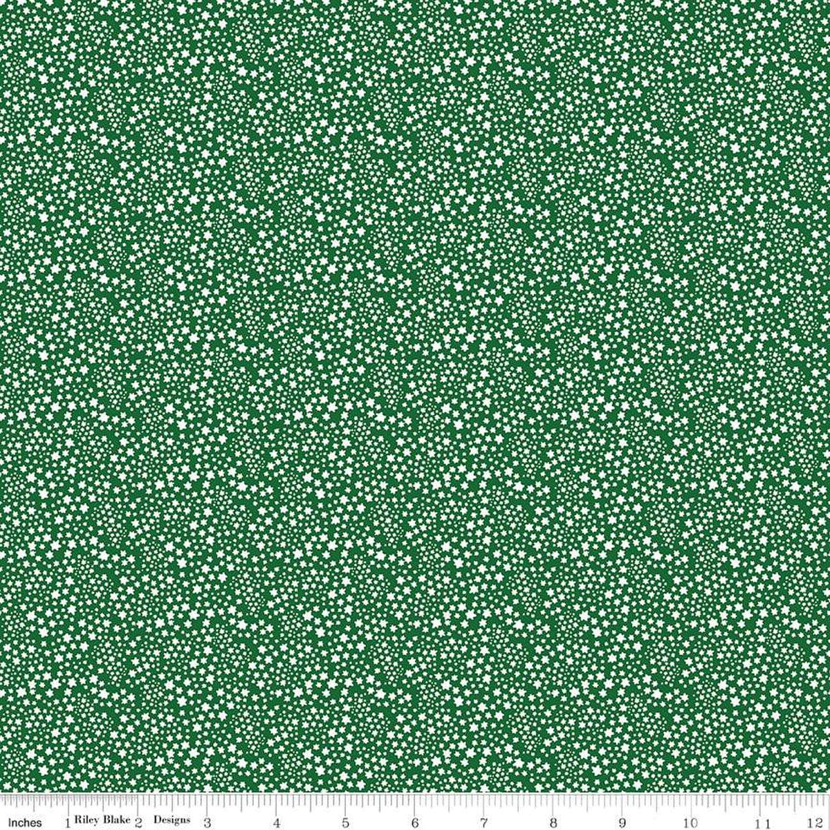 Cotton quilting fabric pattern called 'Starflower in Forest'. Part of the 'Albion' fabric collection. Designed by Julia Frazier for fabric company Riley Blake. SKU: C14685-FOREST. 44-45 inch width.