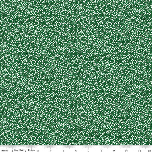 Cotton quilting fabric pattern called 'Starflower in Forest'. Part of the 'Albion' fabric collection. Designed by Julia Frazier for fabric company Riley Blake. SKU: C14685-FOREST. 44-45 inch width.