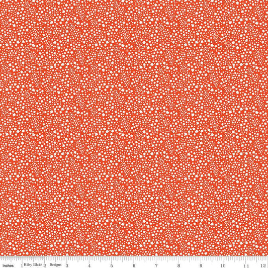 Cotton quilting fabric pattern called 'Starflower in Persimmon'. Part of the 'Albion' fabric collection. Designed by Julia Frazier for fabric company Riley Blake. SKU: C14685-PERSIMMON. 44-45 inch width.