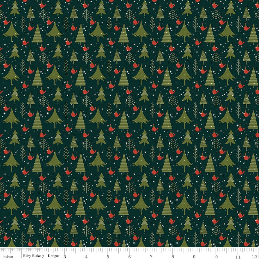 Cotton quilting fabric pattern called 'Trees in Forest'. Part of the 'Christmas is in Town' fabric collection. Designed by Sandy Gervais for fabric company Riley Blake. SKU: C14744-FOREST. 44-45 inch width.