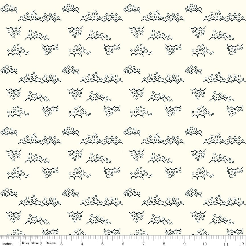 Cotton quilting fabric pattern called 'Snowballs in Cream'. Part of the 'Christmas is in Town' fabric collection. Designed by Sandy Gervais for fabric company Riley Blake. SKU: C14749-CREAM. 44-45 inch width.