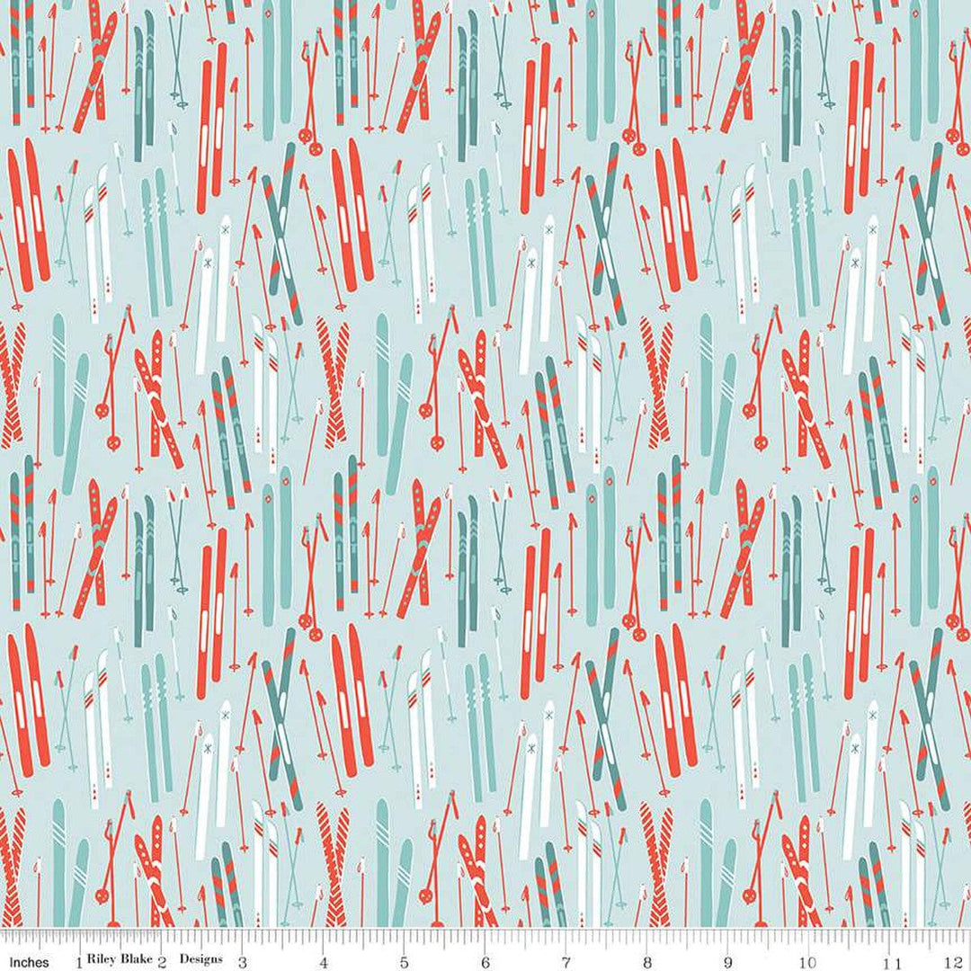 Cotton quilting fabric pattern called 'Skis in Powder'. Part of the 'Ski Hill' fabric collection. Designed by Corinne Wells for fabric company Riley Blake. SKU: C14771-POWDER. 44-45 inch width.