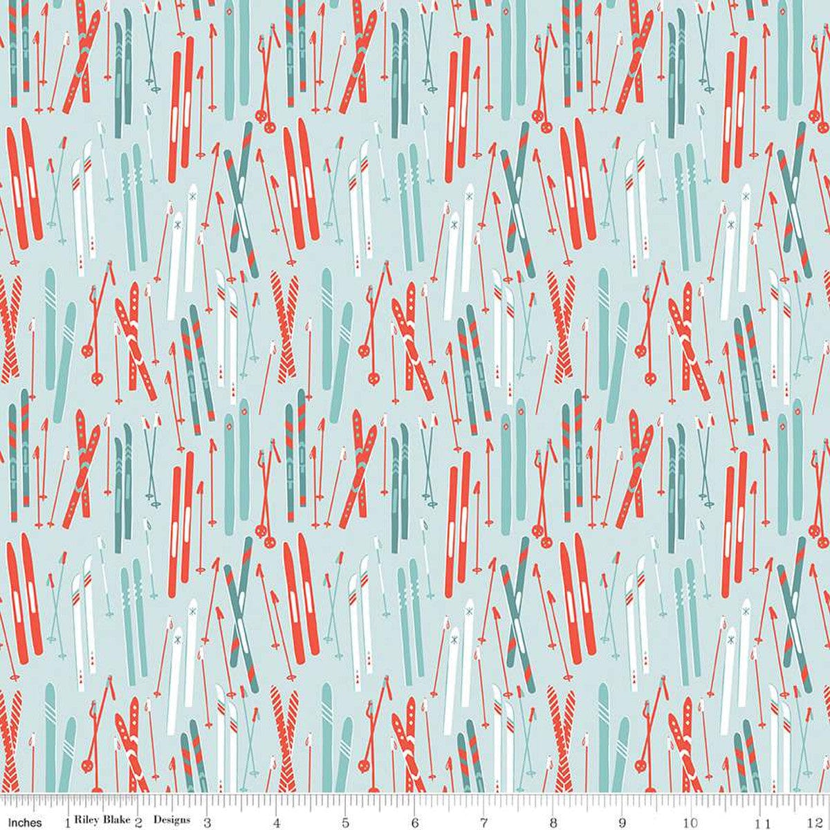 Cotton quilting fabric pattern called 'Skis in Powder'. Part of the 'Ski Hill' fabric collection. Designed by Corinne Wells for fabric company Riley Blake. SKU: C14771-POWDER. 44-45 inch width.