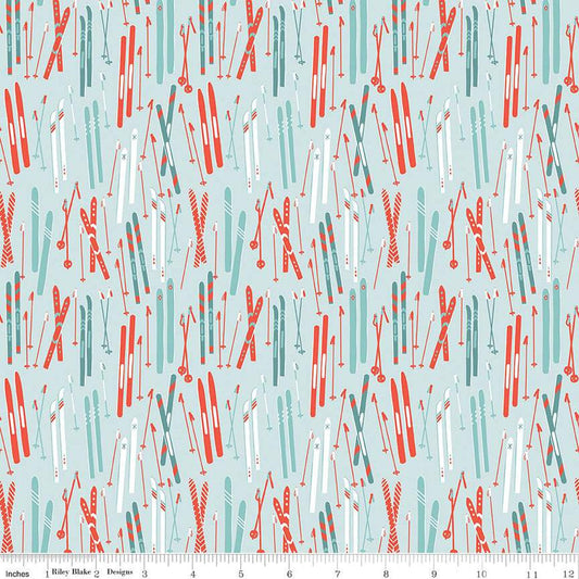 Cotton quilting fabric pattern called 'Skis in Powder'. Part of the 'Ski Hill' fabric collection. Designed by Corinne Wells for fabric company Riley Blake. SKU: C14771-POWDER. 44-45 inch width.