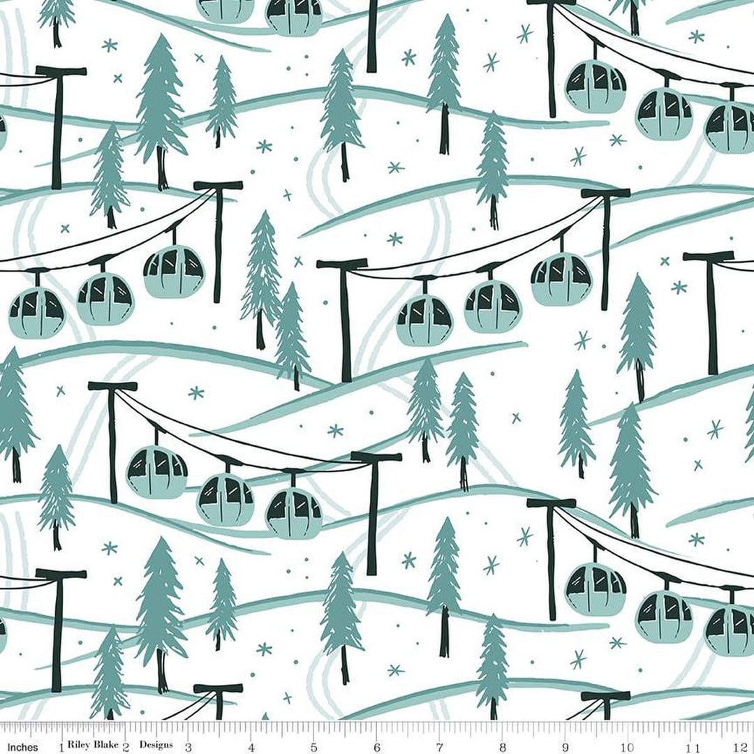 Cotton quilting fabric pattern called 'Mountainside in White'. Part of the 'Ski Hill' fabric collection. Designed by Corinne Wells for fabric company Riley Blake. SKU: C14772-WHITE. 44-45 inch width.