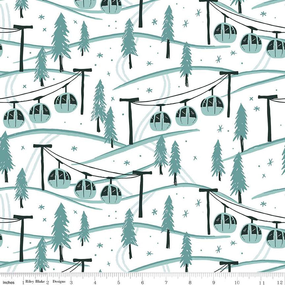 Cotton quilting fabric pattern called 'Mountainside in White'. Part of the 'Ski Hill' fabric collection. Designed by Corinne Wells for fabric company Riley Blake. SKU: C14772-WHITE. 44-45 inch width.