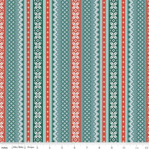 Cotton quilting fabric pattern called 'Sweater in Teal'. Part of the 'Ski Hill' fabric collection. Designed by Corinne Wells for fabric company Riley Blake. SKU: C14773-TEAL. 44-45 inch width.
