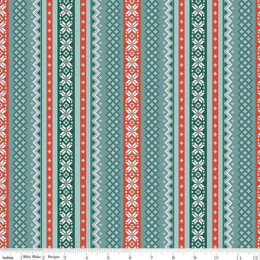Cotton quilting fabric pattern called 'Sweater in Teal'. Part of the 'Ski Hill' fabric collection. Designed by Corinne Wells for fabric company Riley Blake. SKU: C14773-TEAL. 44-45 inch width.