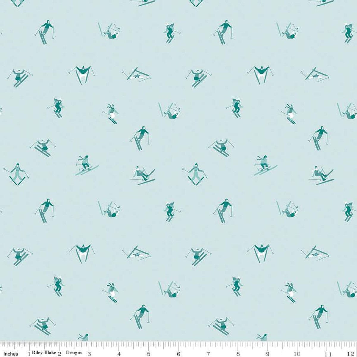 Cotton quilting fabric pattern called 'Skiers in Powder'. Part of the 'Ski Hill' fabric collection. Designed by Corinne Wells for fabric company Riley Blake. SKU: C14774-POWDER. 44-45 inch width.