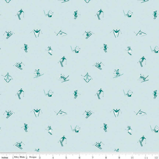 Cotton quilting fabric pattern called 'Skiers in Powder'. Part of the 'Ski Hill' fabric collection. Designed by Corinne Wells for fabric company Riley Blake. SKU: C14774-POWDER. 44-45 inch width.