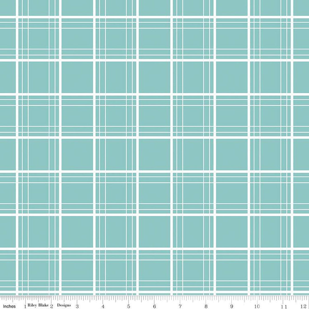 Cotton quilting fabric pattern called 'Ski Tracks in Aqua'. Part of the 'Ski Hill' fabric collection. Designed by Corinne Wells for fabric company Riley Blake. SKU: C14775-AQUA. 44-45 inch width.