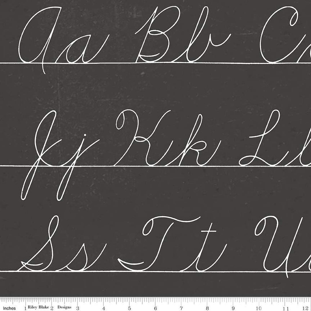 Cotton quilting fabric pattern called 'Penmanship in Charcoal'. Part of the 'Old School' fabric collection. Designed by Janet Wecker-Frisch for fabric company Riley Blake. SKU: C14964-CHARCOAL. 44-45 inch width.