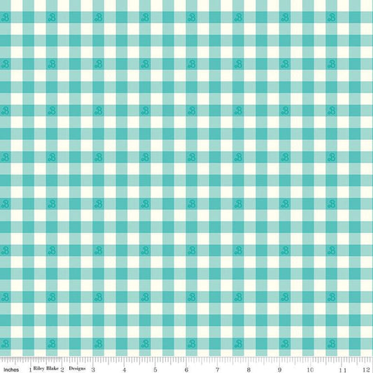 Cotton quilting fabric pattern called 'Barbie Gingham Teal'. Part of the 'Barbie World' fabric collection. Designed by Riley Blake Designs for fabric company Riley Blake. SKU: C15024-TEAL. 44-45 inch width.