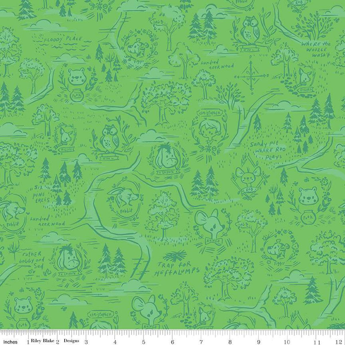 Cotton quilting fabric pattern called '100 Aker Woods Map in Green'. Part of the '100 Aker Woods' fabric collection. Designed by Jill Howarth for fabric company Riley Blake. SKU: C15171-GREEN. 44-45 inch width.