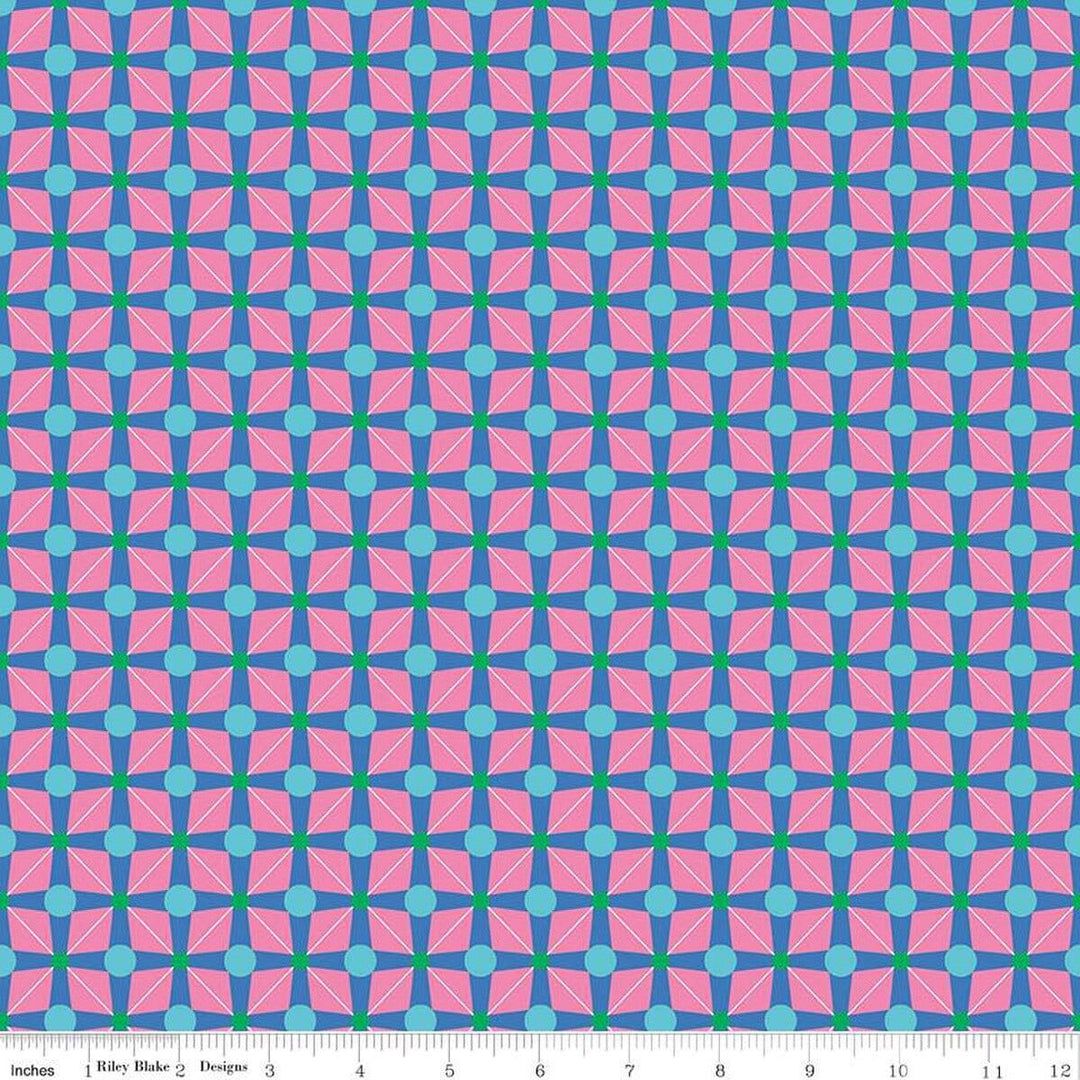 A closeup shot of the quilting fabric pattern called Geo Blue, designed by Sue Daley for Riley Blake Designs, in the blue colorway. The SKU is C15332-BLUE.