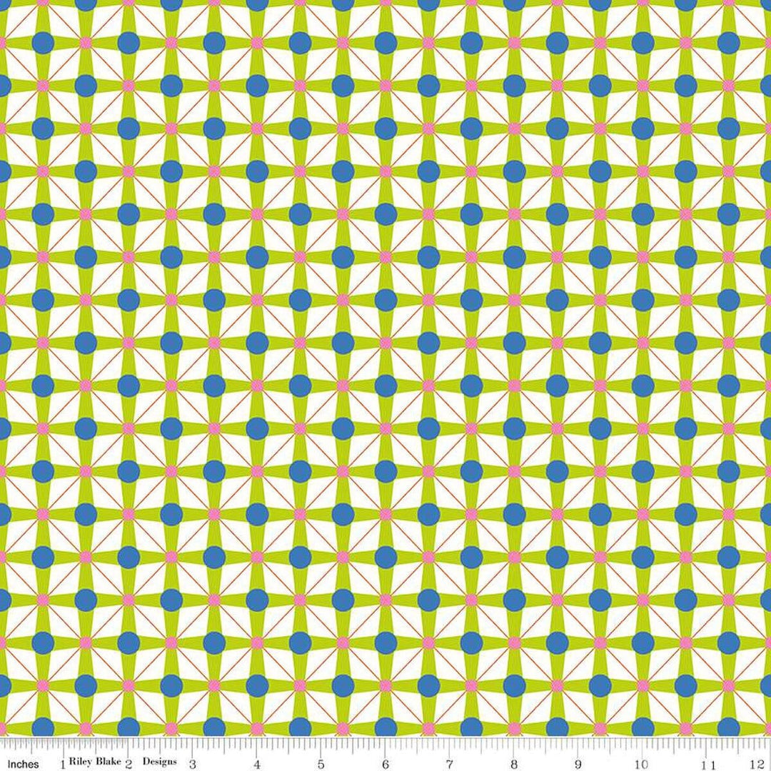 A closeup shot of the quilting fabric pattern called Geo Lime, designed by Sue Daley for Riley Blake Designs, in the lime colorway. The SKU is C15332-LIME.