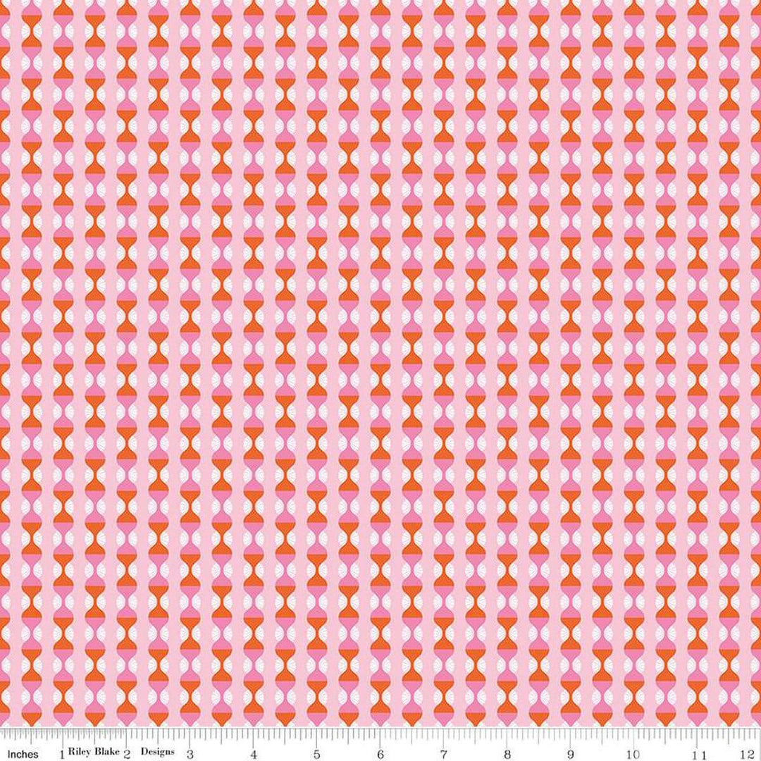 A closeup shot of the quilting fabric called Ogee Pink, designed by Sue Daley for Riley Blake Designs, in the pink colorway. The SKU is C15334-PINK.