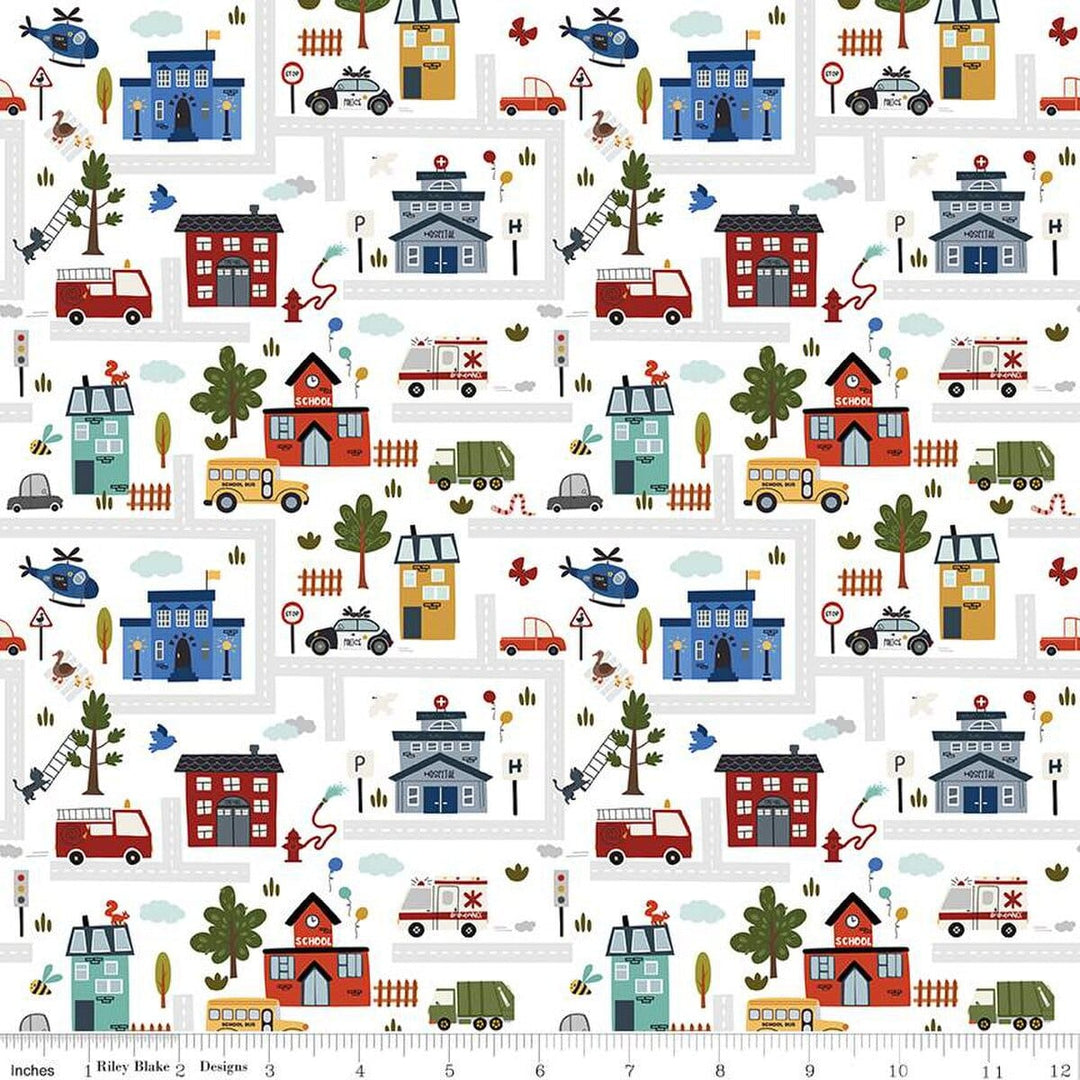 A closeup shot of the quilting fabric pattern called It Takes a Village, designed by Jennifer Long for Riley Blake, in the cloud colorway. The SKU is C15460-CLOUD.