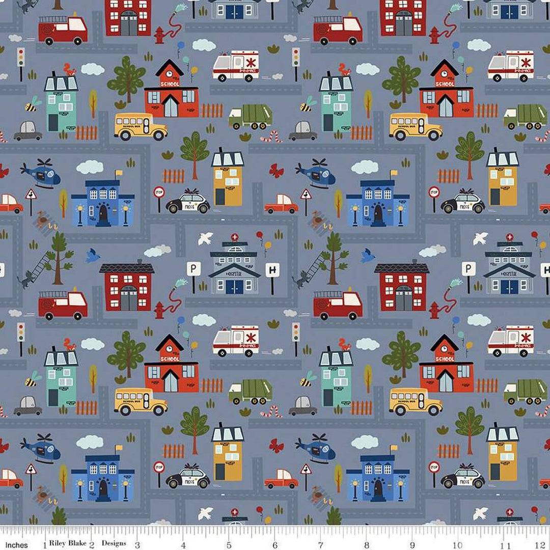 A closeup shot of the quilting fabric pattern called It Takes a Village, designed by Jennifer Long for Riley Blake, in the smoke colorway. The SKU is C15460-SMOKE.
